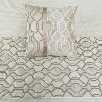 The HomeCentric King/Queen/Twin Ivory & Silver Decorative Full 68"x18" Bed Runner Without Pillow Cover, Lattice & Quilted Bed Scarf on Jacquard Silk Fabric - Ivory Delicacy