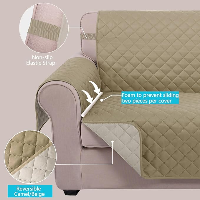U-NICE HOME Large Sofa Cover Reversible Couch Cover for Dogs with Elastic Straps Water Resistant Furniture Protector for Pets Couch Cover for 4 Cushion Couch (Oversized Sofa, Light Camel/Beige)