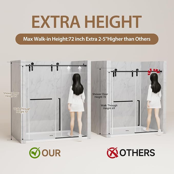Frameless Shower Door, 56-60" W x 75" H Sliding Shower Glass Door, 5/16" - Image 2
