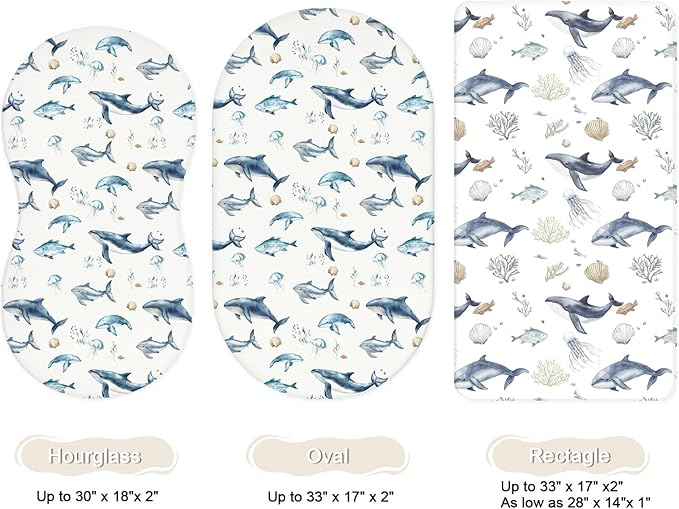 Bassinet Sheets for Baby Girls Boys 2 Pack, Fitted Baby Mattress Sheet for Rectangle, Oval, Hourglass Bassinet Mattress, Breathable Cozy & Universal Fit (Aquatic Adventures)