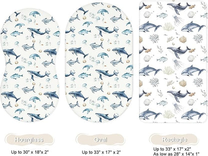 Bassinet Sheets for Baby Girls Boys 2 Pack, Fitted Baby Mattress Sheet for Rectangle, Oval, Hourglass Bassinet Mattress, Breathable Cozy & Universal Fit (Aquatic Adventures)