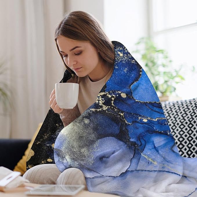 Modern Marble Blanket, Abstract Luxury Baroque Golden Dark Blue Stone Veins Pattern Soft Warm Cozy Plush Flannel Covers for Livingroom Bedroom Couch Chair Camping Travel Home Decor Tapestry 40x50in