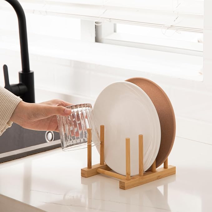 HBlife Bamboo Dish Plate Bowl Cup Book Pot Lid Cutting Board Drying Rack Stand - Image 3