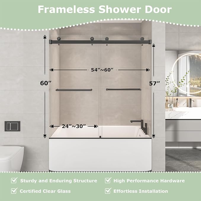 54"-60" W x 60" H Frameless Bathtub Shower Door, Double Sliding Shower Door - Image 3