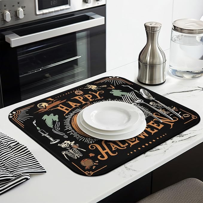Halloween Dish Drying Mat for Kitchen Counter, Vintage Halloween Pumpkin Skull - Image 3