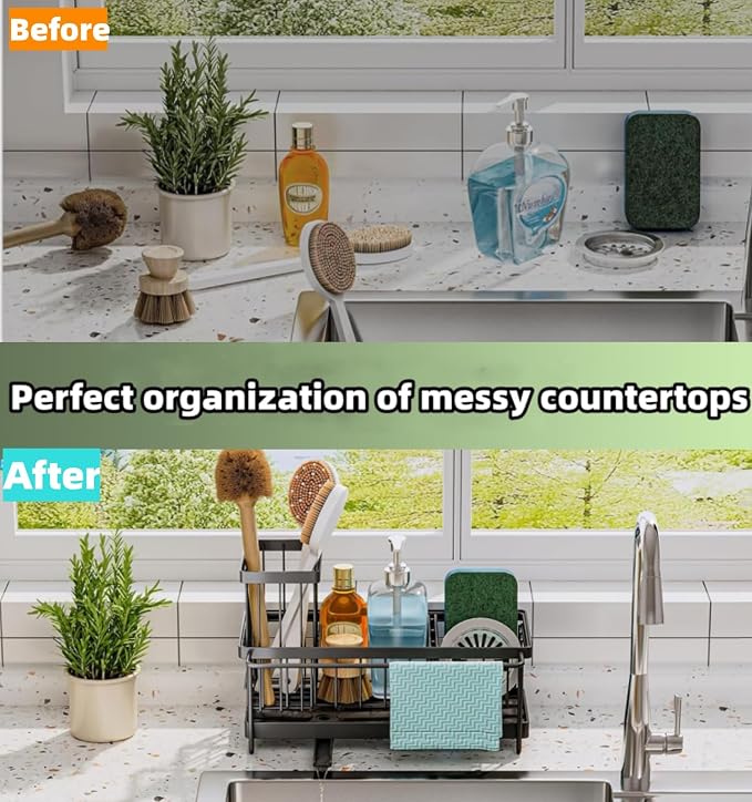 Sink Caddy Sponge Holder with Auto Draining Tray, Space-Saving Soap Dispenser - Image 6