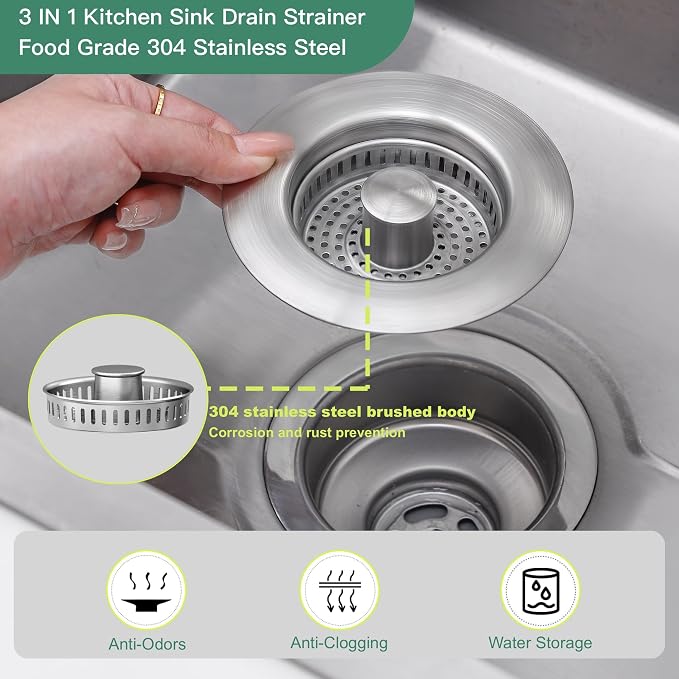 Kitchen Sink Drain Strainer 3 in 1, 304 Stainless Steel Pop Up Sink Stopper - Image 3