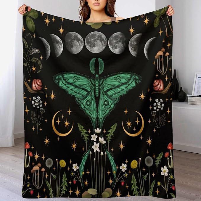 Moon Phase Moth Blanket, Vintage Botanical Mushroom Wildflower Gothic Night Moonlit Mysterious Witchy Throws Blanket for Sofa Bed Couch Chair, 40"x50"