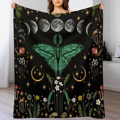 Moon Phase Moth Blanket, Vintage Botanical Mushroom Wildflower Gothic Night Moonlit Mysterious Witchy Throws Blanket for Sofa Bed Couch Chair, 40"x50"