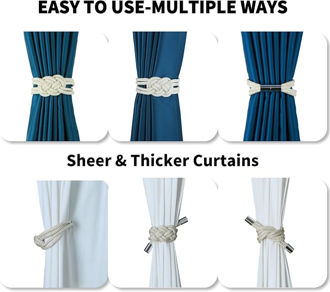 2 Pack Magnetic Curtain Tiebacks, Hand Weave Rope Knot Decorative Curtain - Image 4