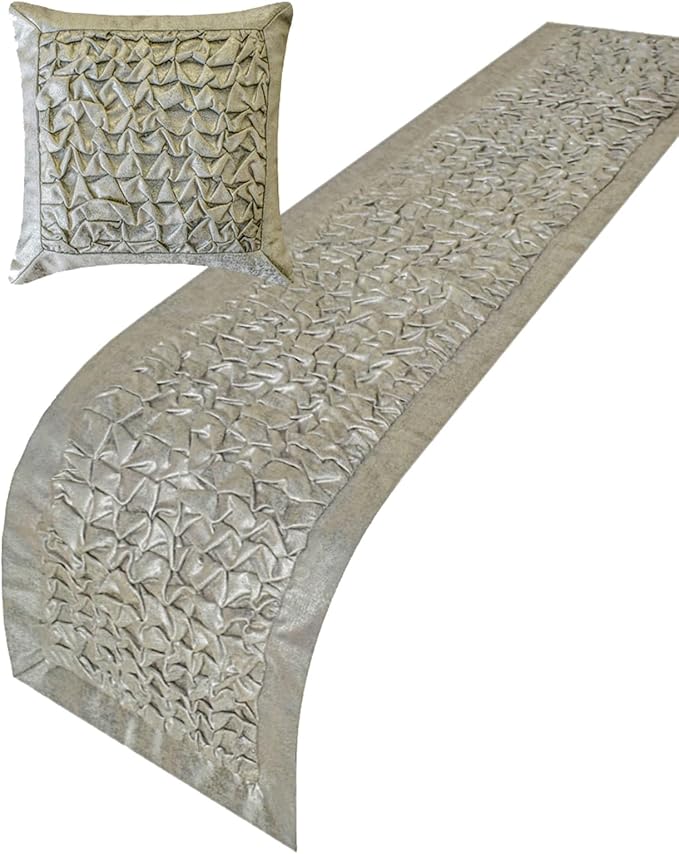 The HomeCentric King/Queen/Twin Silver Decorative Bed Runner Twin 53"x18" Bed Runner with One Pillow Cover, Foil, Knotted,Textured Bed Scarf on Jacquard Fabric - Polished Silver