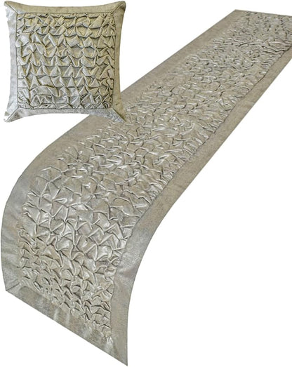 The HomeCentric King/Queen/Twin Silver Decorative Bed Runner Twin 53"x18" Bed Runner with One Pillow Cover, Foil, Knotted,Textured Bed Scarf on Jacquard Fabric - Polished Silver