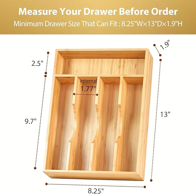 Umilife Bamboo Kitchen Drawer Organizer, 8.25 Inch Silverware Utensils Tray - Image 6