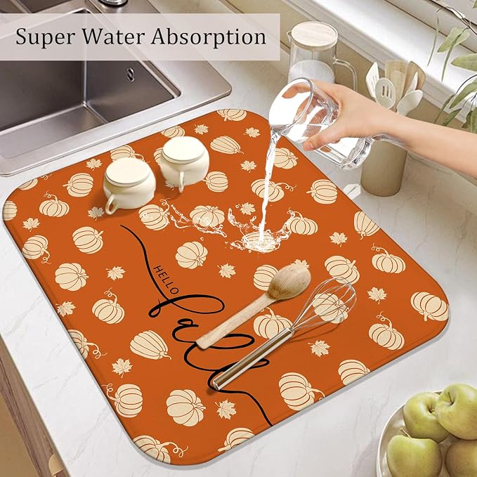 Fall Dish Drying Mat for Kitchen Counter, Washable Absorbent Countertop Harvest - Image 5