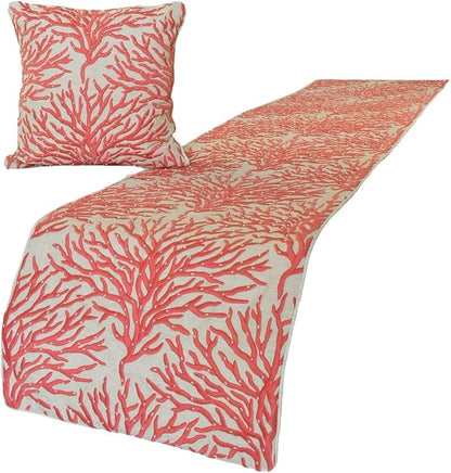 The HomeCentric King/Queen/Twin Coral, Peach & Pink Designer CA King 86"x18" Bed Runner with Pillow Cover, Coral, Pearl Embroidery, Under The Sea & Beach Theme on Linen Fabric - Coraline Pearls