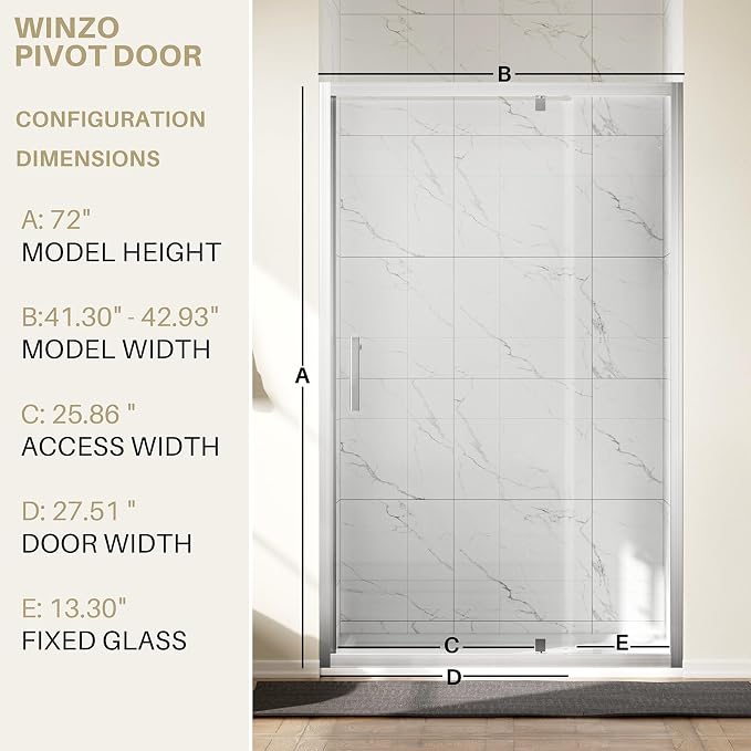 WinZo 41-42" W ×72" H Pivot Shower Door, 1/4" SGCC Clear Tempered Glass Shower - Image 6