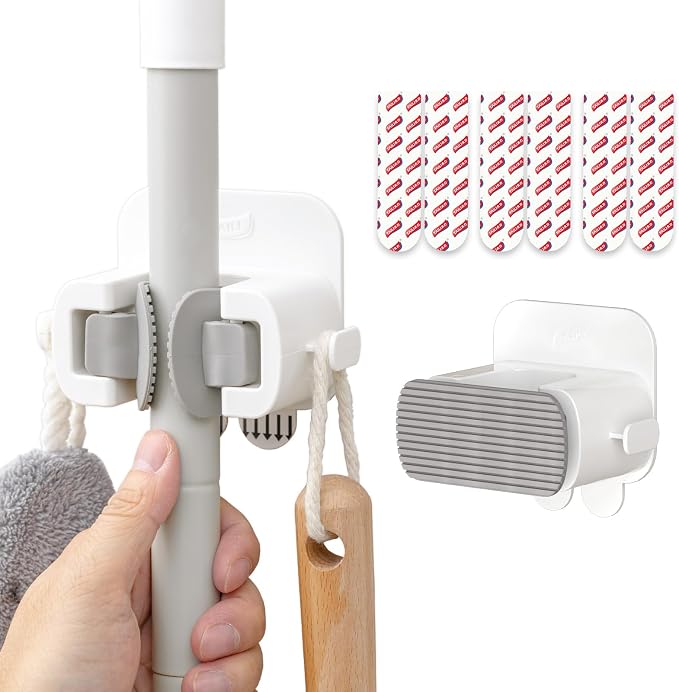 TAILI Mop and Broom Holder Wall Mount Grippers, 2 Hangers and 6 Adhesive Strips by TAILI