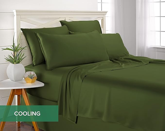 Pure Bamboo Queen Sheets, Genuine 100% Organic Viscose Derived from Bamboo Bed Sheet Set, Luxuriously Soft & Cooling, Double Stitching, 2 Year Quality Promise (Queen, Pesto)