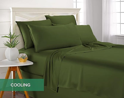 Pure Bamboo Queen Sheets, Genuine 100% Organic Viscose Derived from Bamboo Bed Sheet Set, Luxuriously Soft & Cooling, Double Stitching, 2 Year Quality Promise (Queen, Pesto)