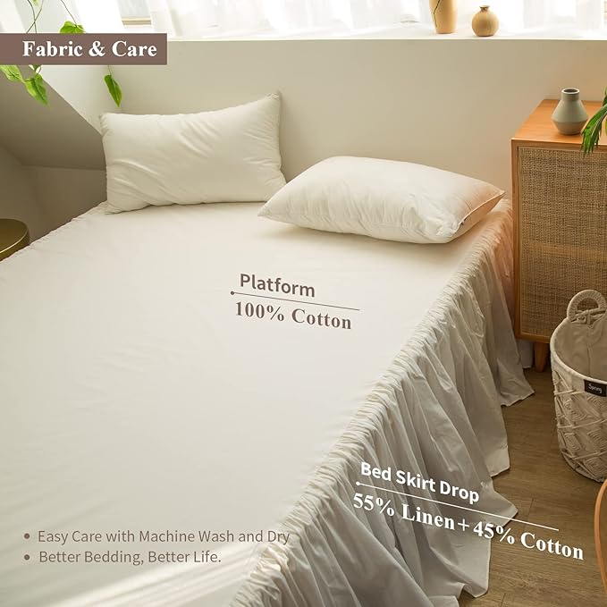 BISELINA French Linen Bed Skirt with Pleated Frills 22-Inch Tailored Drop Natural Flax Cotton Blend Dust Ruffle Soft Cozy Farmhouse Bedding (22" California King, Ruffle White)