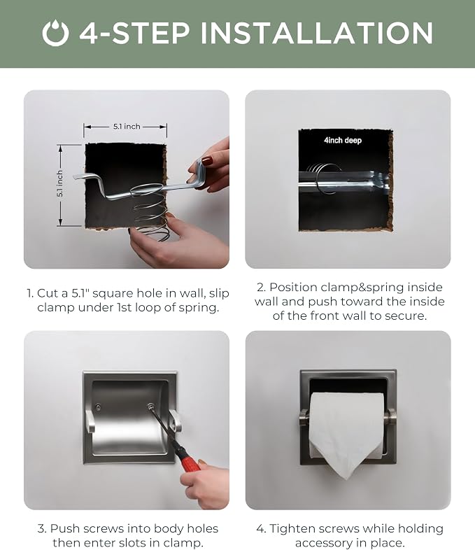 FORIOUS Recessed Toilet Paper Holder, Stainless Steel Durable Tissue Roll - Image 6