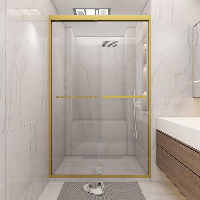 Shower Door 44-48" W * 72" H, Brushed Gold Double Sliding Shower Door by BathlinkBathroom
