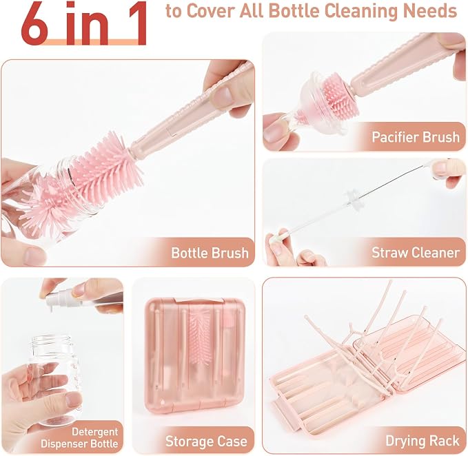 Baby Bottle Brush Set, 6-in-1 Travel Bottle Cleaning Kit - Image 4