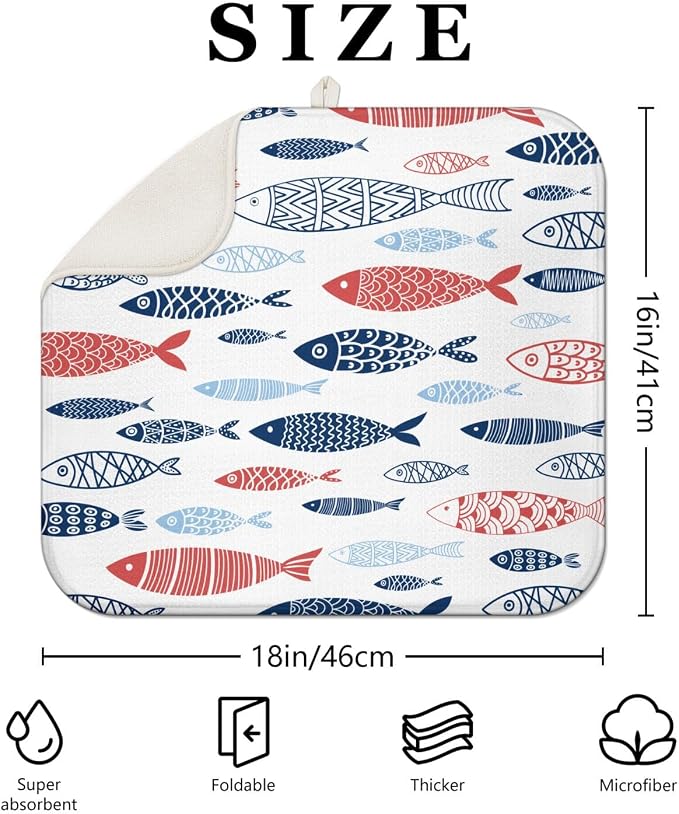 Fish Dish Drying Mat for Kitchen Countertops, Japanese Fish Pattern Microfiber - Image 2