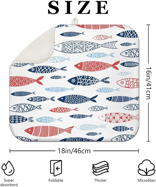 Fish Dish Drying Mat for Kitchen Countertops, Japanese Fish Pattern Microfiber - Image 2