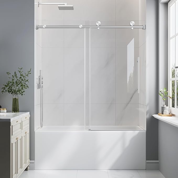 Bathtub Shower Door Frameless, 55-60" W x 60" H Sliding Tub Shower Door by EASYWORC