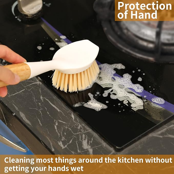 2 Pack Kitchen Dish Brush Bamboo Handle Dish Scrubber Built-in Scraper - Image 8