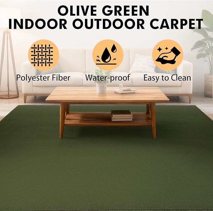Marine Carpet,5 FT x 25 FT Olive Green Indoor Outdoor Carpet 0.2" Thick with Water-Proof TPE Backing, Non-Slide for Home, Patio, Porch, Deck
