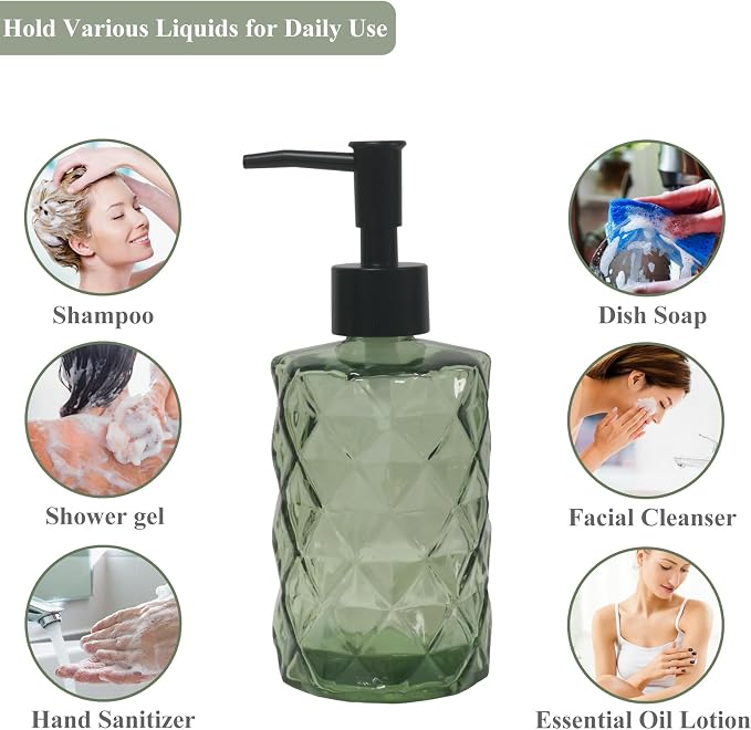 Green Glass Soap Dispenser, 12oz Bathroom Hand Dispenser, Lotion Dispenser - Image 4