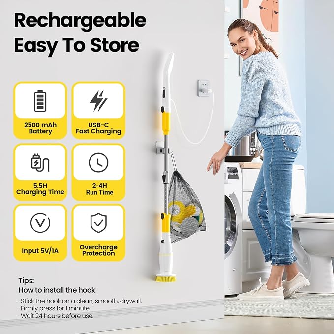 Electric Spin Scrubber, Cordless Cleaning Brush Shower Scrubber Up to 550 RPM - Image 6