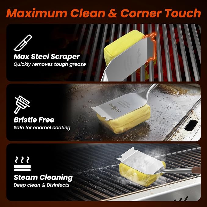 Grill Brush Bristle Free w/Replaceable Yellow Head, Enamel Safe, MAX Stainless - Image 5
