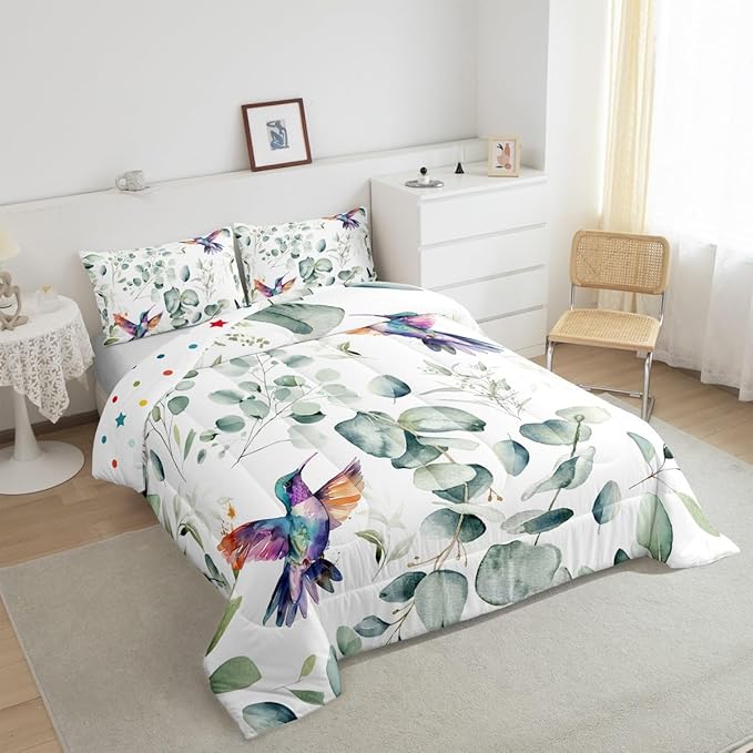Erosebridal Cartoon Hummingbird Full Comforter Set Toddler Wildlife Bird Bedding Set Full, Plant Bedding Comforter Sets Eucalyptus Leaf Duvet Set, Jungle Animal Theme Quilted Comforter Kids Room Decor