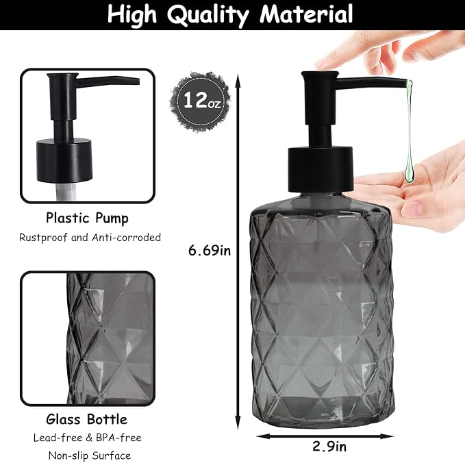 Glass Soap Dispenser with Black Plastic Pump, 12oz Refillable Liquid Hand Soap - Image 2