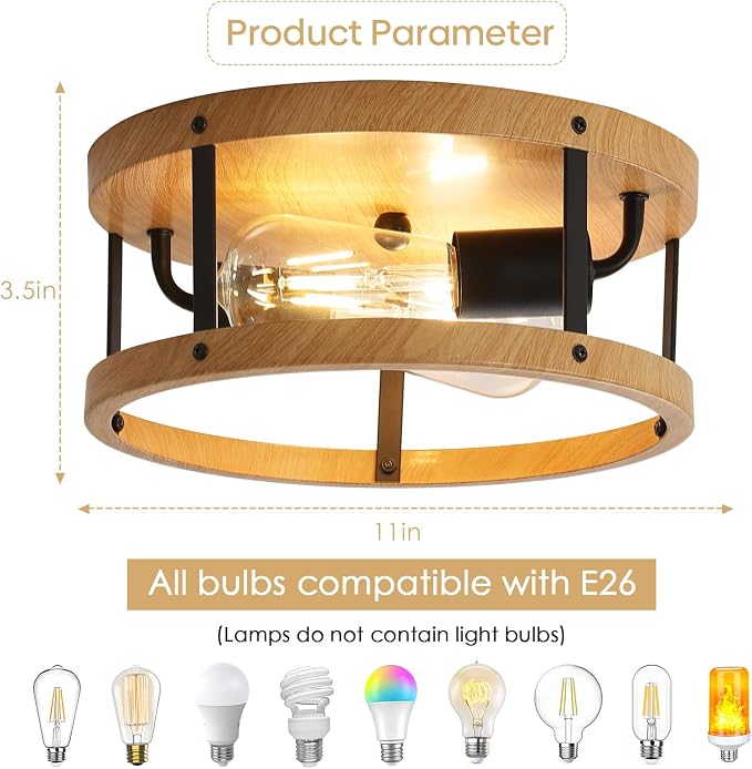 2-Light Industrial Flush Mount Ceiling Light Fixture, Wood Finish Farmhouse - Image 5