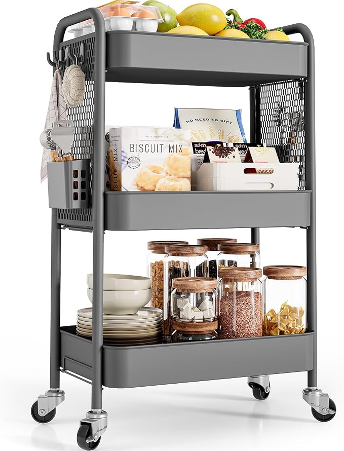 TOOLF 3 Tier Rolling Cart Storage Organizer, Metal Rolling Utility Cart by TOOLF
