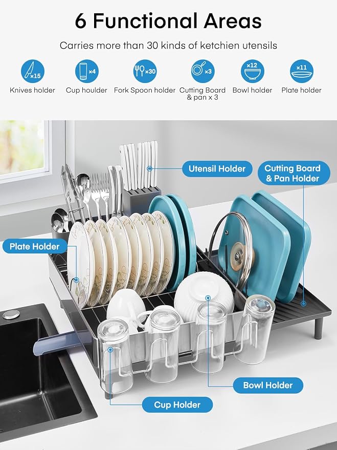 FOHERE Large Dish Drying Rack, Expandable Dish Rack, Stainless Steel Dish Rack - Image 2