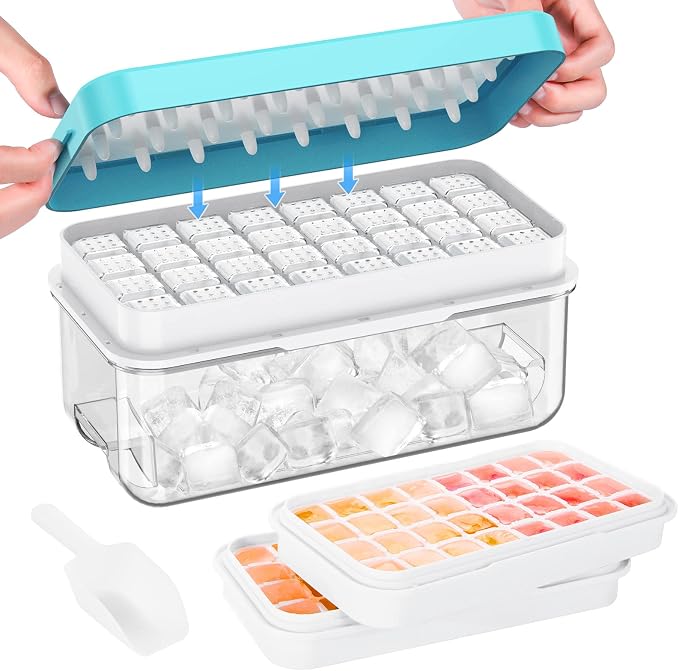 Ice Cube Tray with Lid and Bin, PHINOX 64 pcs Ice Trays by PHINOX