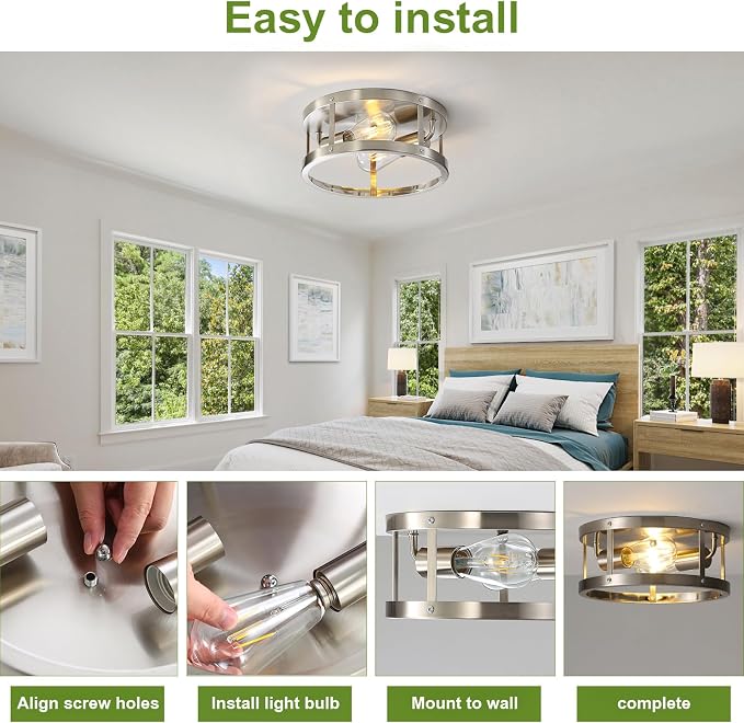2-Light Industrial Flush Mount Ceiling Light Fixture, Brushed Nickel Farmhouse - Image 4