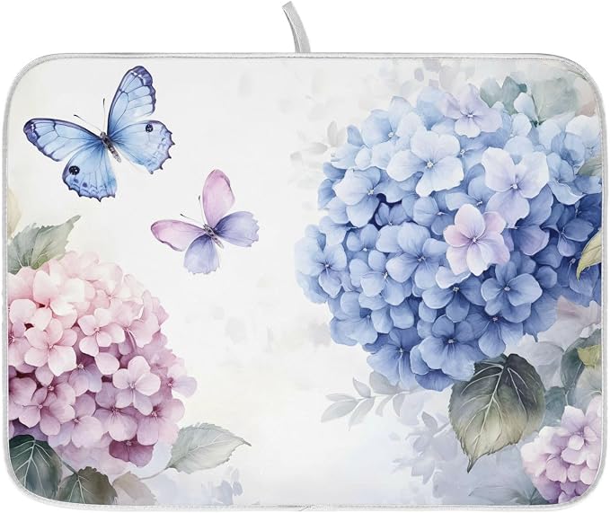 Blue Pink Hydrangea Spring Floral Dish Drying Mat by ALAZA
