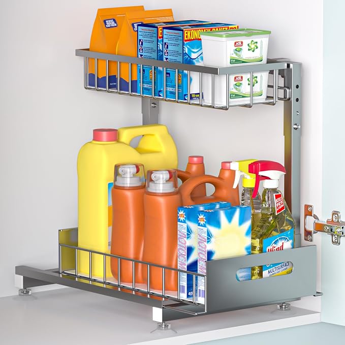 L-Shaped Under Sink Organizer, 2-Tier Pull Out Metal Kitchen Cabinet Organizer by Saydear
