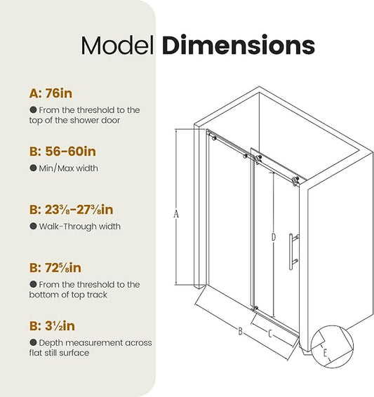 56-60" W x 76" H Frameless Sliding Shower Door, Stainless Steel Round Tube - Image 2