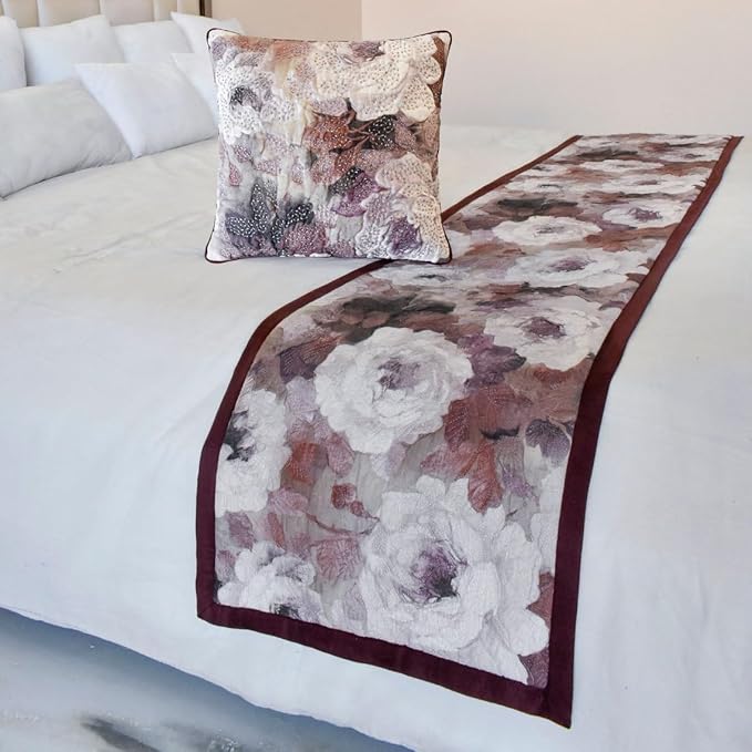 The HomeCentric King/Queen/Twin Purple Decorative Full 68"x18" Bed Runner with One Pillow Cover, Floral, Roses, Bead Embroidery & Handmade Bed Scarf on Jacquard Fabric - Wood Rose