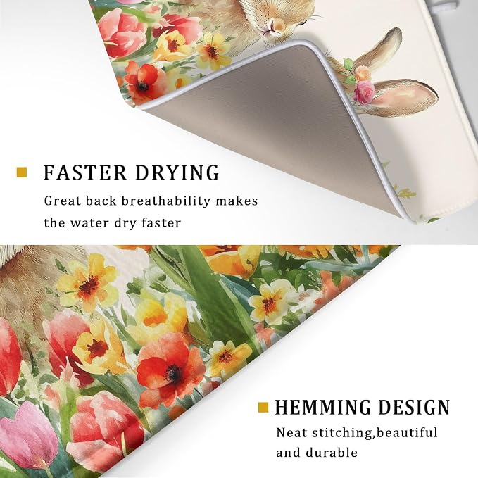 Easter Bunny Dish Drying Mat 18x24 inch Spring Floral Drying Pad Holiday - Image 3