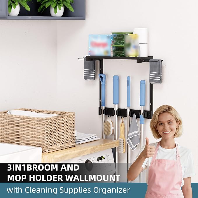 Broom Holder Wall Mount with Cleaning Supplies Organizer, Laundry Room - Image 3