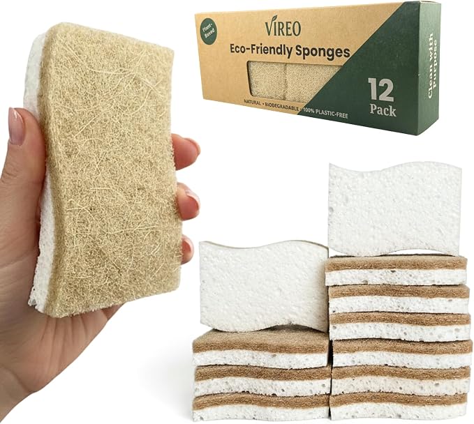 12 Pack Non-Scratch & Odor-Free Eco Sponges – Natural Biodegradable Cellulose & by VIREO