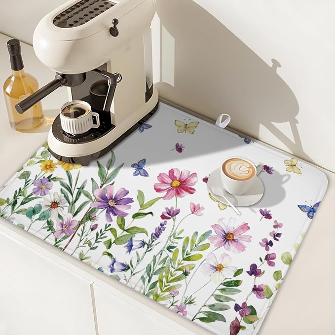 Wildflower Dish Drying Mat for Kitchen 24x18 Inch Colorful Floral Butterfly - Image 6